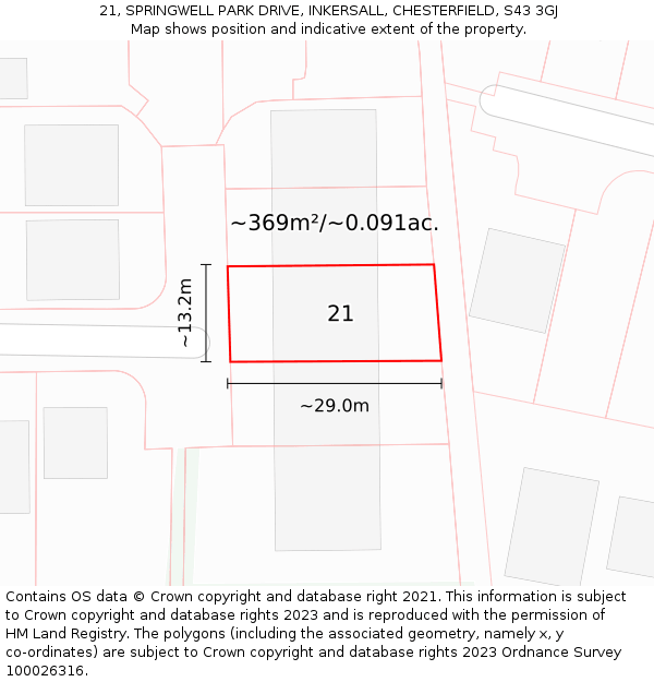 21, SPRINGWELL PARK DRIVE, INKERSALL, CHESTERFIELD, S43 3GJ: Plot and title map