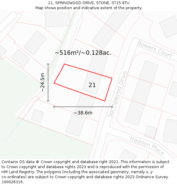 21, SPRINGWOOD DRIVE, STONE, ST15 8TU: Plot and title map