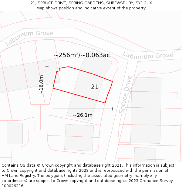 21, SPRUCE DRIVE, SPRING GARDENS, SHREWSBURY, SY1 2UX: Plot and title map