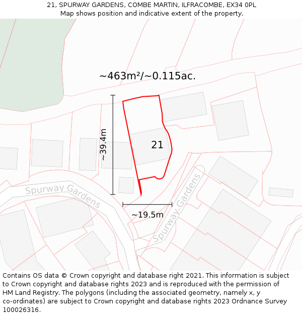 21, SPURWAY GARDENS, COMBE MARTIN, ILFRACOMBE, EX34 0PL: Plot and title map