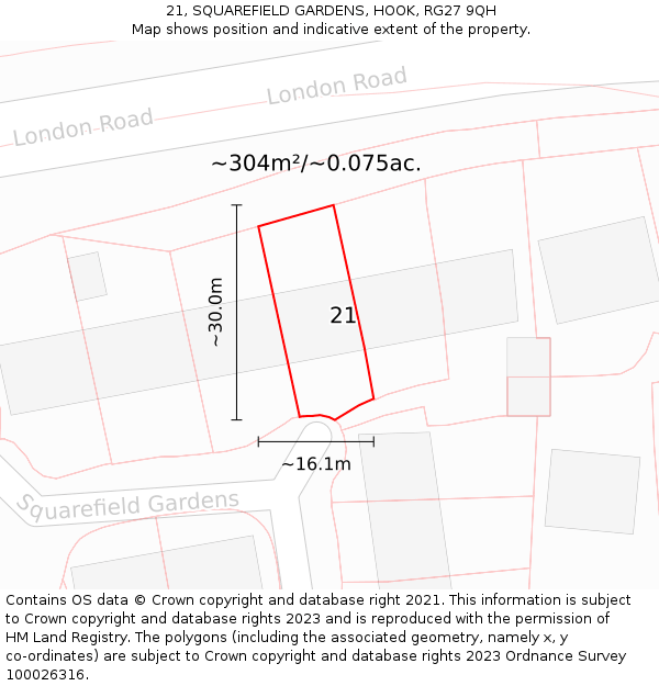 21, SQUAREFIELD GARDENS, HOOK, RG27 9QH: Plot and title map