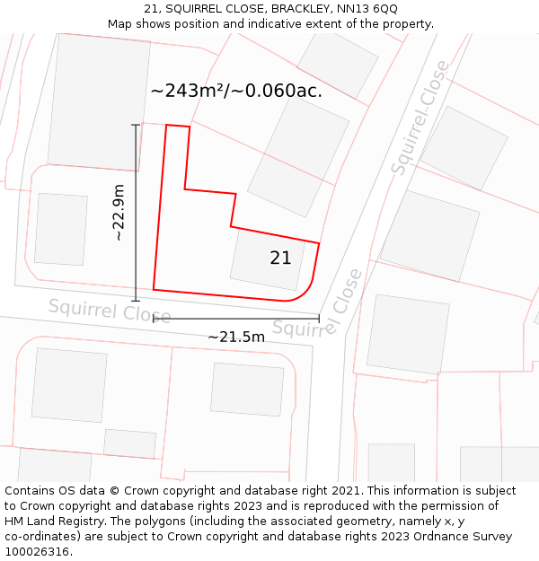 21, SQUIRREL CLOSE, BRACKLEY, NN13 6QQ: Plot and title map