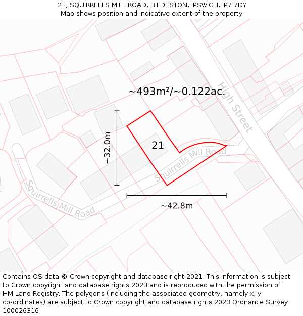21, SQUIRRELLS MILL ROAD, BILDESTON, IPSWICH, IP7 7DY: Plot and title map