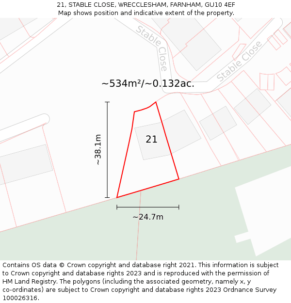 21, STABLE CLOSE, WRECCLESHAM, FARNHAM, GU10 4EF: Plot and title map