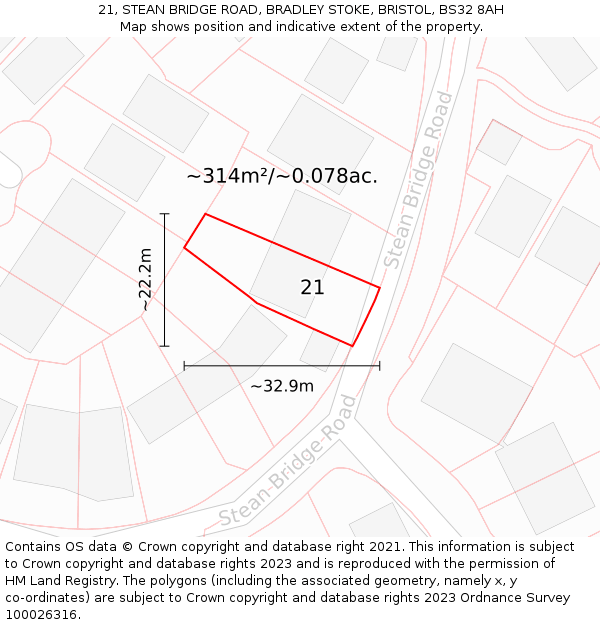21, STEAN BRIDGE ROAD, BRADLEY STOKE, BRISTOL, BS32 8AH: Plot and title map