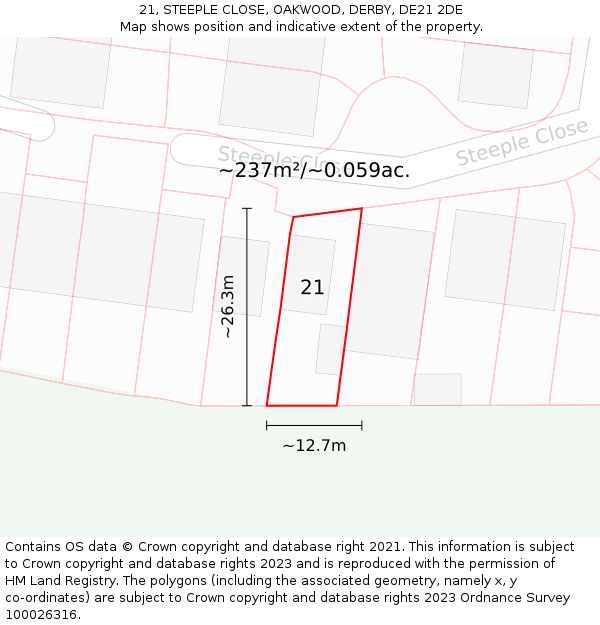 21, STEEPLE CLOSE, OAKWOOD, DERBY, DE21 2DE: Plot and title map
