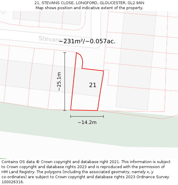 21, STEVANS CLOSE, LONGFORD, GLOUCESTER, GL2 9AN: Plot and title map