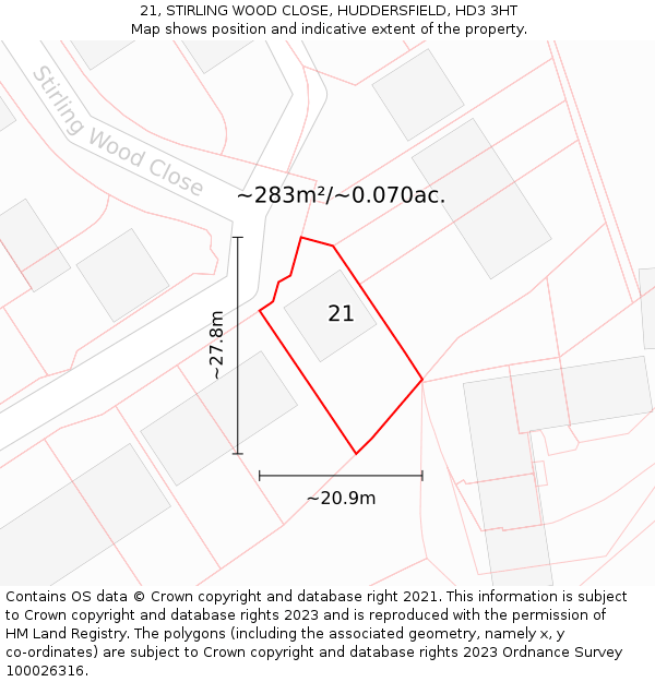 21, STIRLING WOOD CLOSE, HUDDERSFIELD, HD3 3HT: Plot and title map