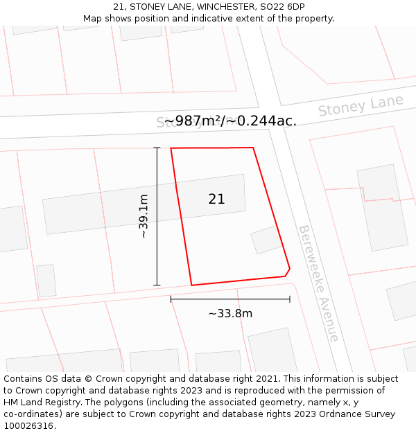 21, STONEY LANE, WINCHESTER, SO22 6DP: Plot and title map