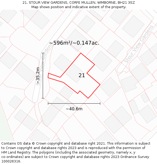 21, STOUR VIEW GARDENS, CORFE MULLEN, WIMBORNE, BH21 3SZ: Plot and title map