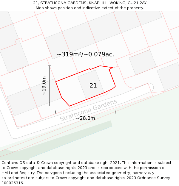 21, STRATHCONA GARDENS, KNAPHILL, WOKING, GU21 2AY: Plot and title map