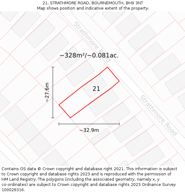 21, STRATHMORE ROAD, BOURNEMOUTH, BH9 3NT: Plot and title map