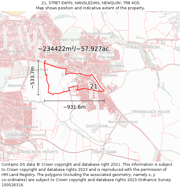 21, STRET EWYN, NANSLEDAN, NEWQUAY, TR8 4GS: Plot and title map