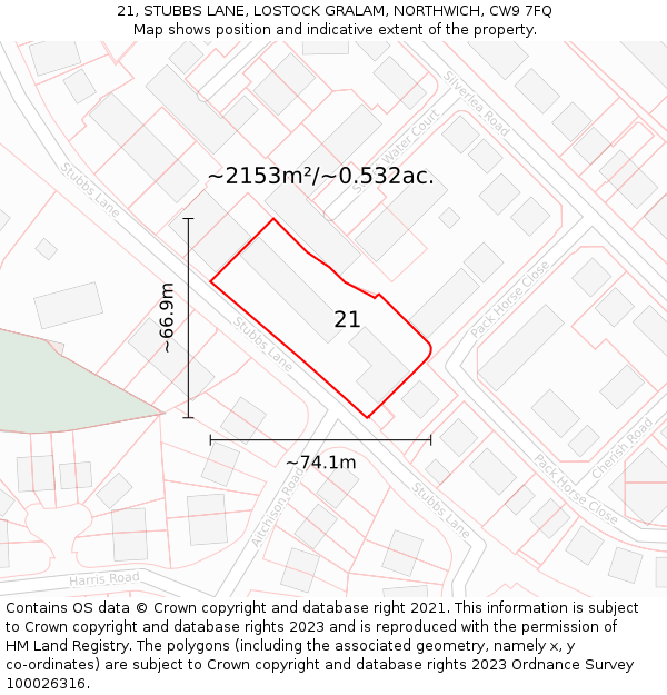 21, STUBBS LANE, LOSTOCK GRALAM, NORTHWICH, CW9 7FQ: Plot and title map