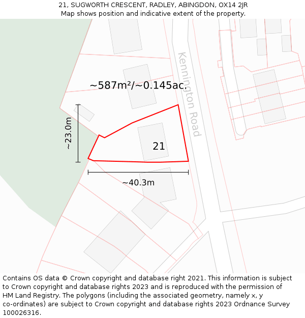 21, SUGWORTH CRESCENT, RADLEY, ABINGDON, OX14 2JR: Plot and title map