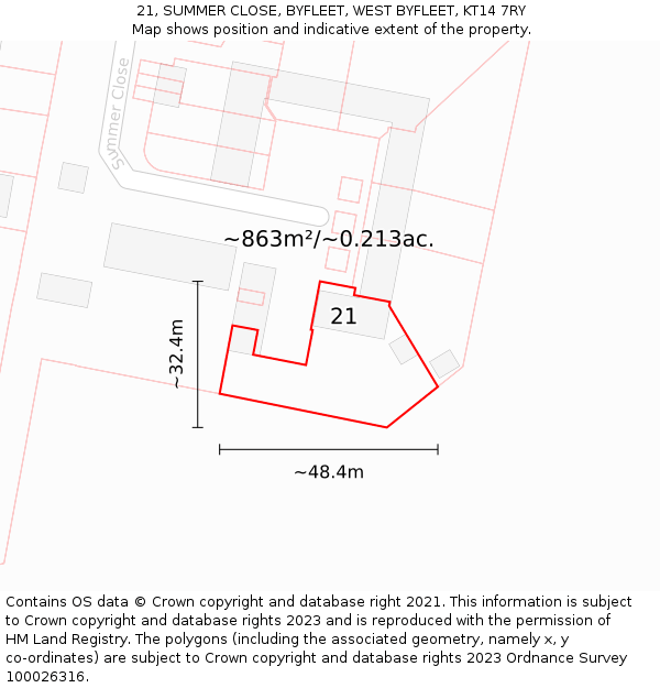 21, SUMMER CLOSE, BYFLEET, WEST BYFLEET, KT14 7RY: Plot and title map