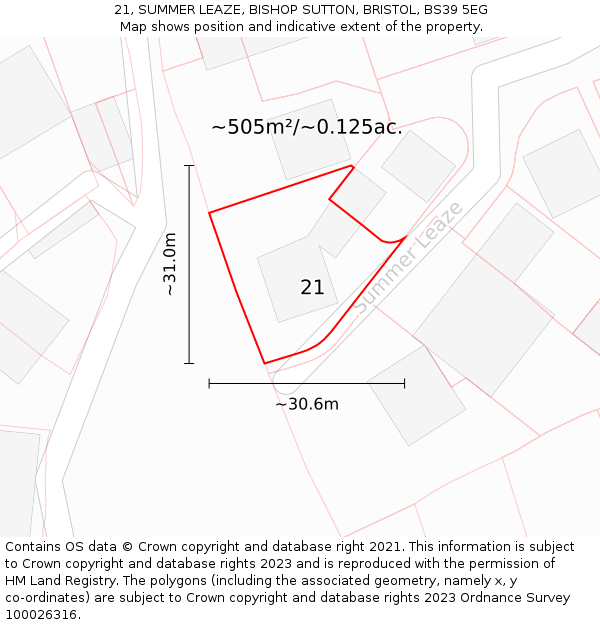 21, SUMMER LEAZE, BISHOP SUTTON, BRISTOL, BS39 5EG: Plot and title map