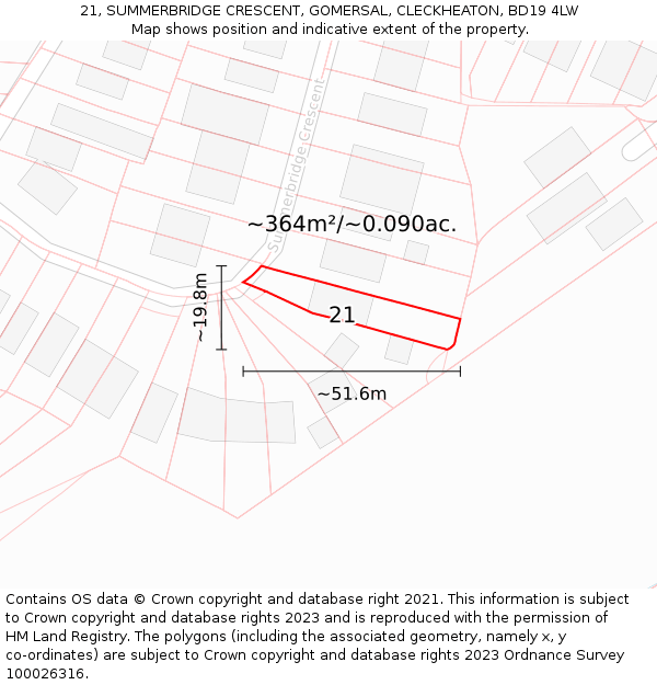 21, SUMMERBRIDGE CRESCENT, GOMERSAL, CLECKHEATON, BD19 4LW: Plot and title map