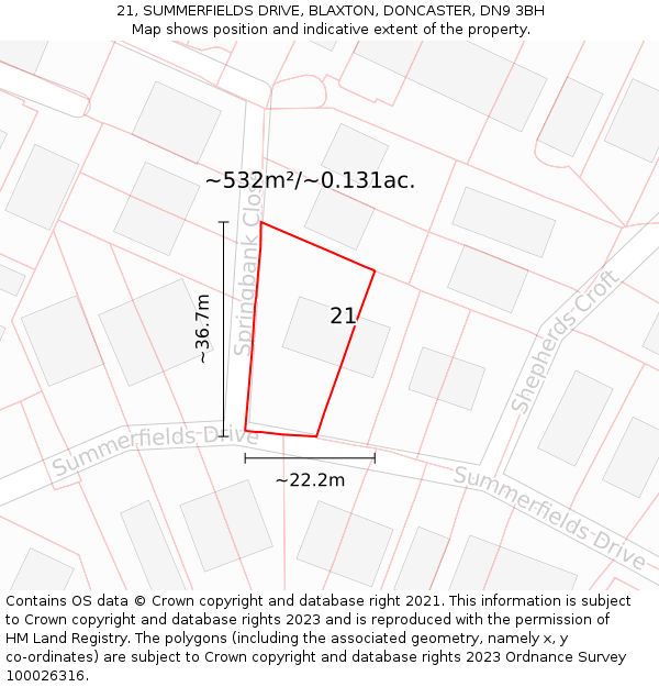 21, SUMMERFIELDS DRIVE, BLAXTON, DONCASTER, DN9 3BH: Plot and title map