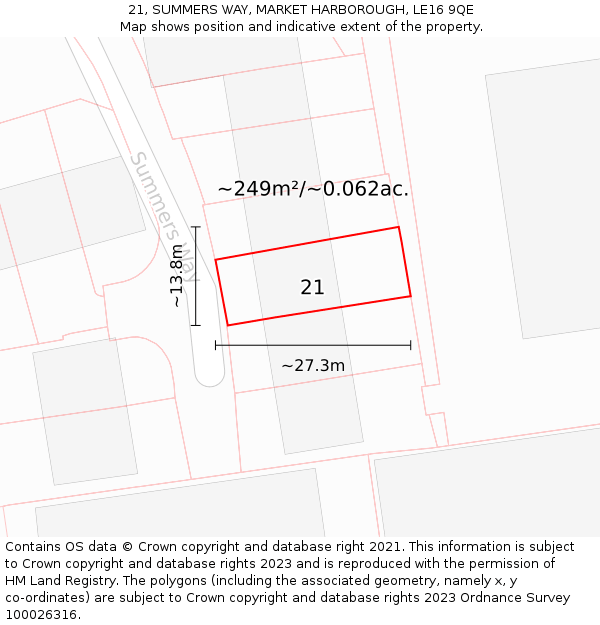 21, SUMMERS WAY, MARKET HARBOROUGH, LE16 9QE: Plot and title map