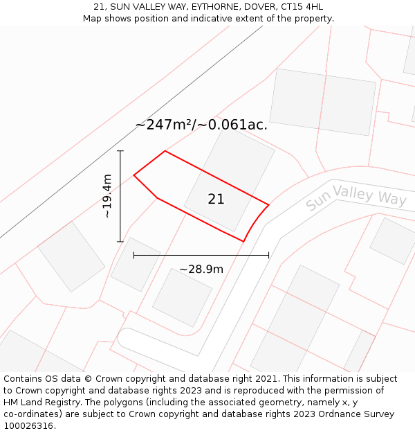 21, SUN VALLEY WAY, EYTHORNE, DOVER, CT15 4HL: Plot and title map