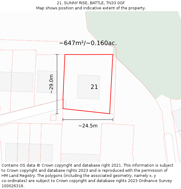 21, SUNNY RISE, BATTLE, TN33 0GF: Plot and title map