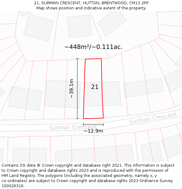 21, SURMAN CRESCENT, HUTTON, BRENTWOOD, CM13 2PP: Plot and title map