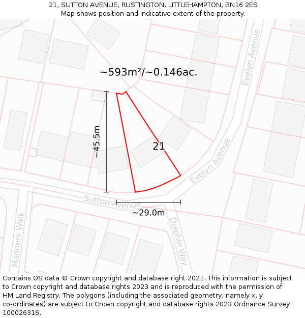 21, SUTTON AVENUE, RUSTINGTON, LITTLEHAMPTON, BN16 2ES: Plot and title map
