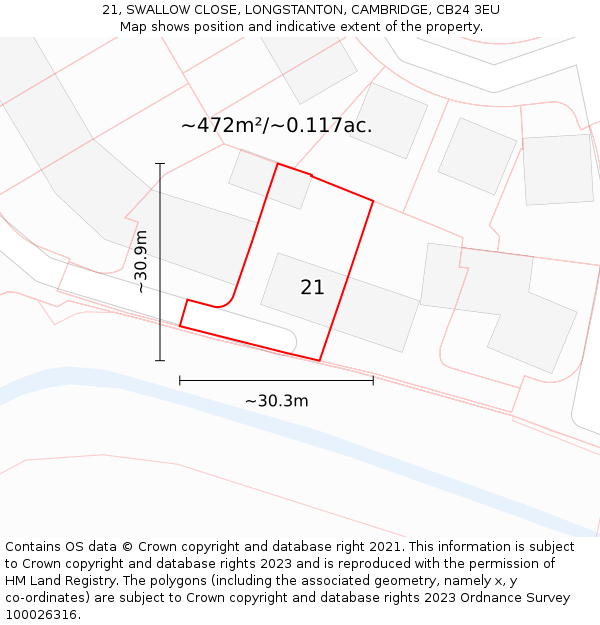 21, SWALLOW CLOSE, LONGSTANTON, CAMBRIDGE, CB24 3EU: Plot and title map