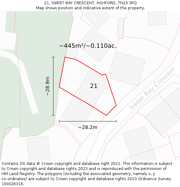 21, SWEET BAY CRESCENT, ASHFORD, TN23 3PQ: Plot and title map