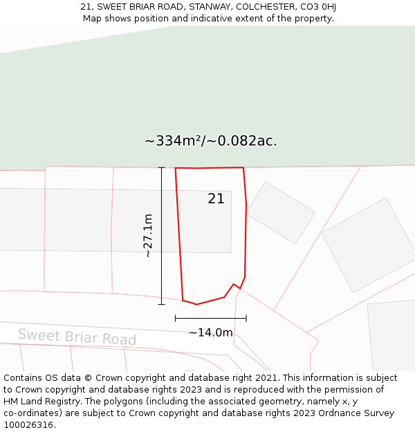 21, SWEET BRIAR ROAD, STANWAY, COLCHESTER, CO3 0HJ: Plot and title map