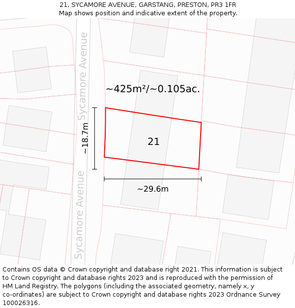 21, SYCAMORE AVENUE, GARSTANG, PRESTON, PR3 1FR: Plot and title map