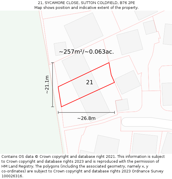 21, SYCAMORE CLOSE, SUTTON COLDFIELD, B76 2PE: Plot and title map