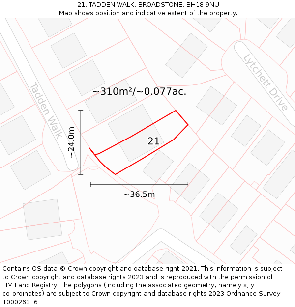 21, TADDEN WALK, BROADSTONE, BH18 9NU: Plot and title map