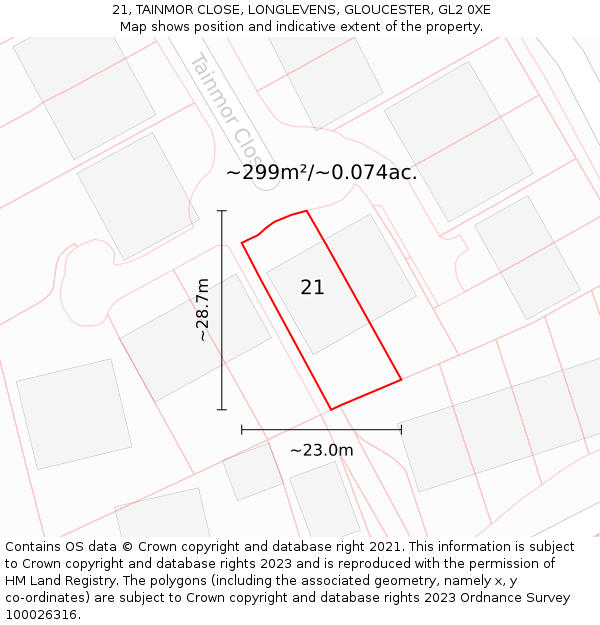 21, TAINMOR CLOSE, LONGLEVENS, GLOUCESTER, GL2 0XE: Plot and title map