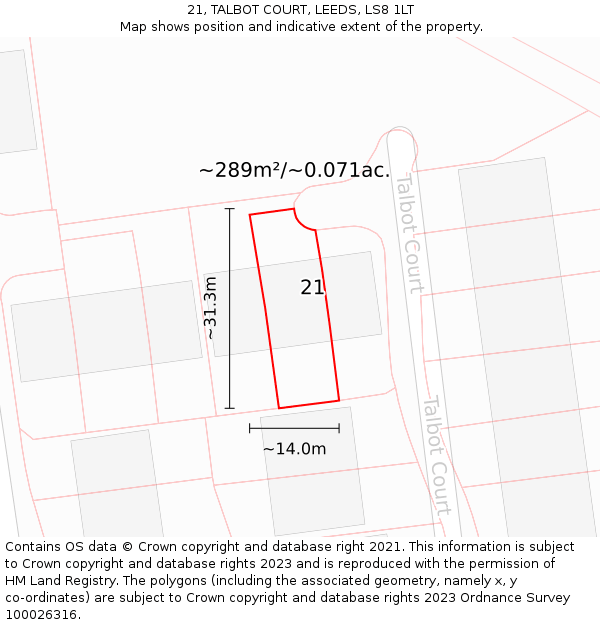 21, TALBOT COURT, LEEDS, LS8 1LT: Plot and title map