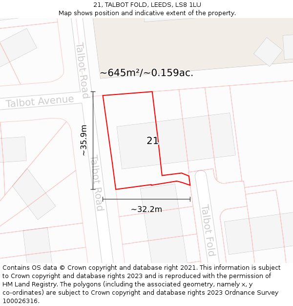 21, TALBOT FOLD, LEEDS, LS8 1LU: Plot and title map