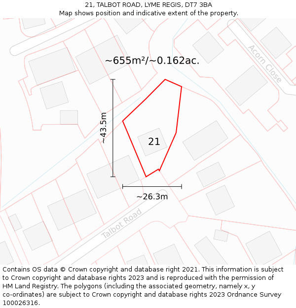 21, TALBOT ROAD, LYME REGIS, DT7 3BA: Plot and title map