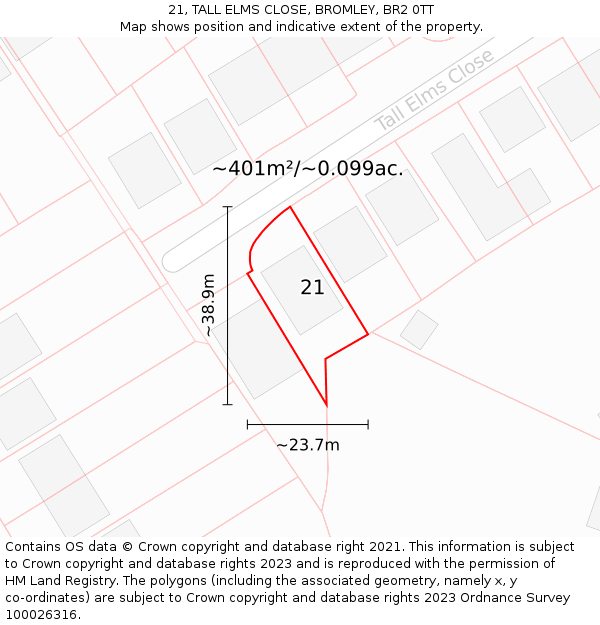 21, TALL ELMS CLOSE, BROMLEY, BR2 0TT: Plot and title map
