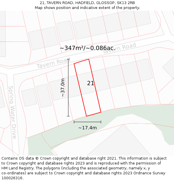 21, TAVERN ROAD, HADFIELD, GLOSSOP, SK13 2RB: Plot and title map