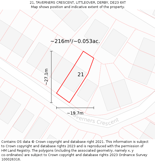 21, TAVERNERS CRESCENT, LITTLEOVER, DERBY, DE23 6XT: Plot and title map