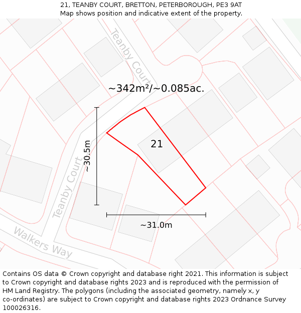 21, TEANBY COURT, BRETTON, PETERBOROUGH, PE3 9AT: Plot and title map