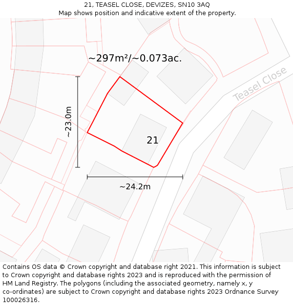 21, TEASEL CLOSE, DEVIZES, SN10 3AQ: Plot and title map