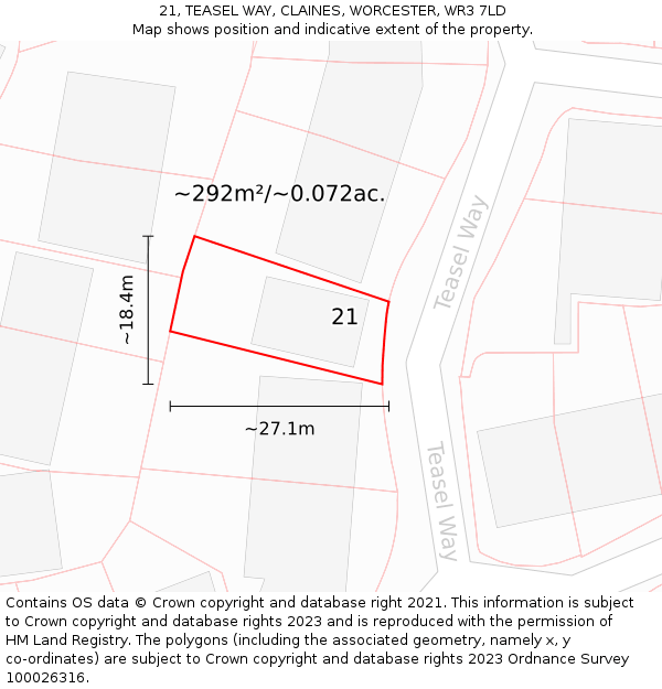21, TEASEL WAY, CLAINES, WORCESTER, WR3 7LD: Plot and title map