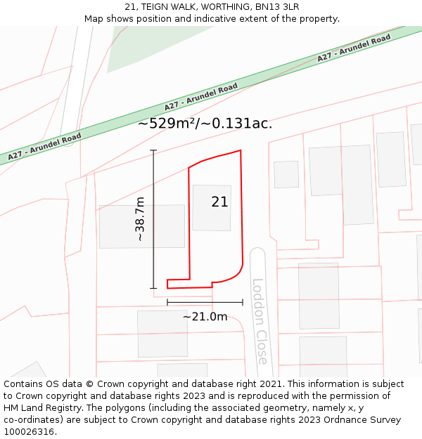 21, TEIGN WALK, WORTHING, BN13 3LR: Plot and title map