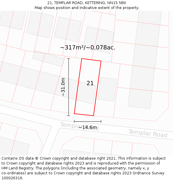 21, TEMPLAR ROAD, KETTERING, NN15 5BX: Plot and title map