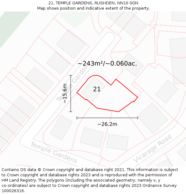 21, TEMPLE GARDENS, RUSHDEN, NN10 0GN: Plot and title map