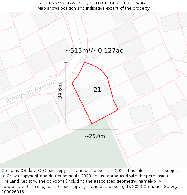 21, TENNYSON AVENUE, SUTTON COLDFIELD, B74 4YG: Plot and title map