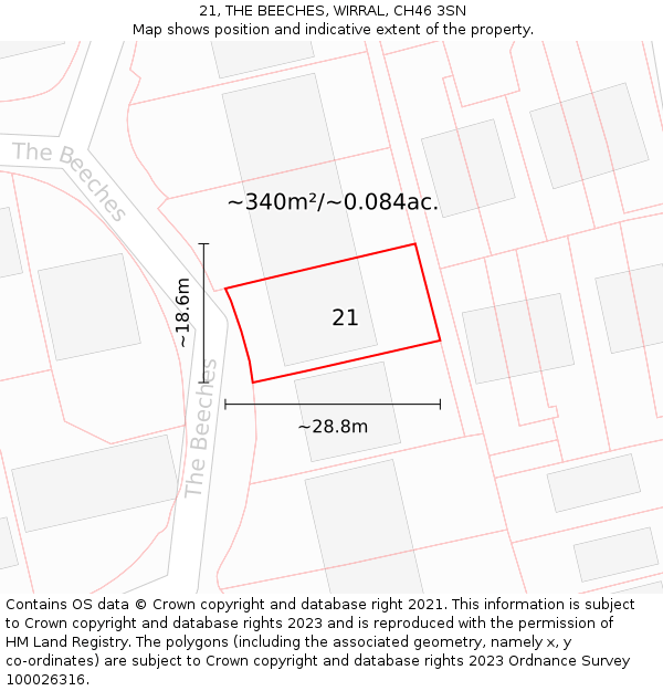 21, THE BEECHES, WIRRAL, CH46 3SN: Plot and title map