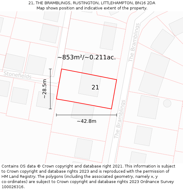 21, THE BRAMBLINGS, RUSTINGTON, LITTLEHAMPTON, BN16 2DA: Plot and title map
